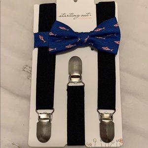 Boys navy suspenders and pink shark bow tie set